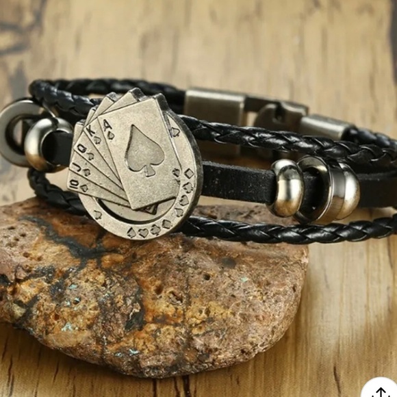 Unisex Leather Braided Bracelet Poker Spade Royal Flush - Picture 3 of 13